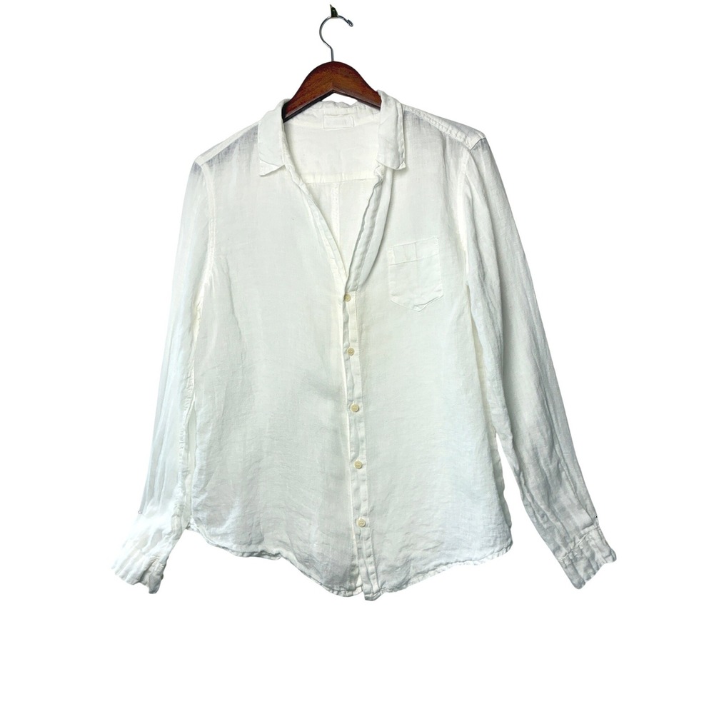 CP Shades White Linen Button Down Shirt Lagenlook Long Sleeve Pocket B443